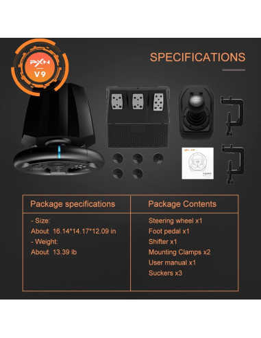 Volante de Juego PXN V9 con Pedales y Palanca - 270/900 Grados