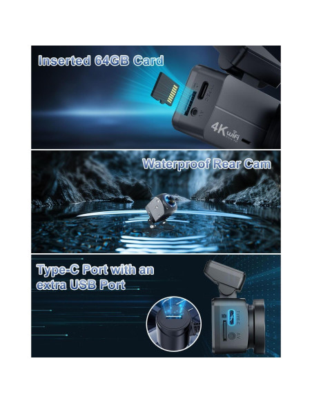 Cámara Dash 4K Delantera y Trasera Penemay con Tarjeta 64GB