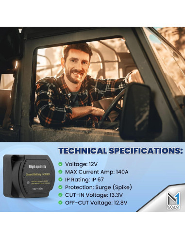 Aislador de Batería Doble Mata1 12V 140Amp IP67 para Vehículos
