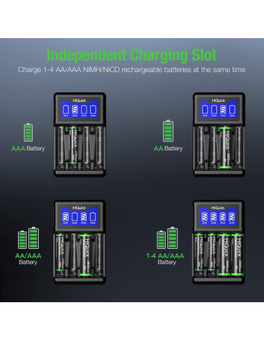 Cargador de Baterías HiQuick 4 Bahías Carga Rápida USB LCD