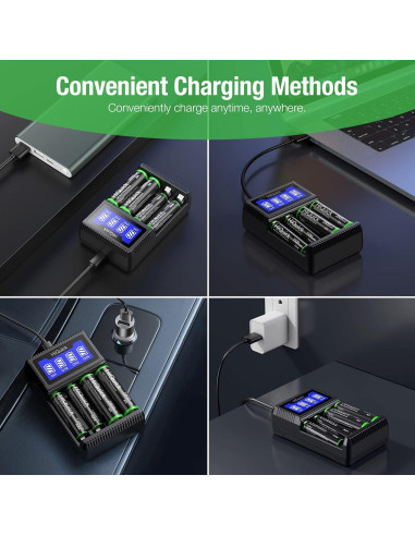 Cargador de Baterías HiQuick 4 Bahías Carga Rápida USB LCD