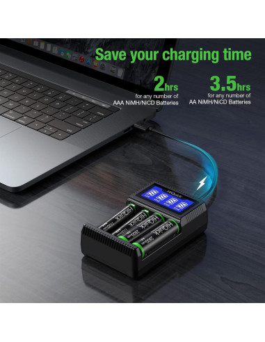 Cargador de Baterías HiQuick 4 Bahías Carga Rápida USB LCD