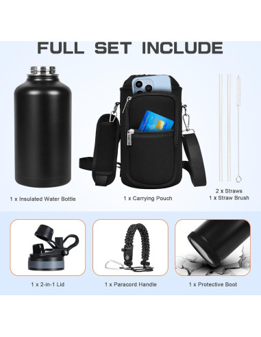 Botella de Agua Aislada GAZLEMHO 1.89L con Accesorios