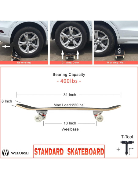 Patineta WHOME 31" Pro Estándar 8 Capas Arce 220 lbs