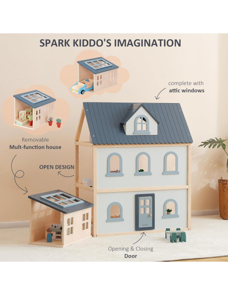 Casa de Muñecas de Madera PairPear 3 Pisos con 64 Accesorios