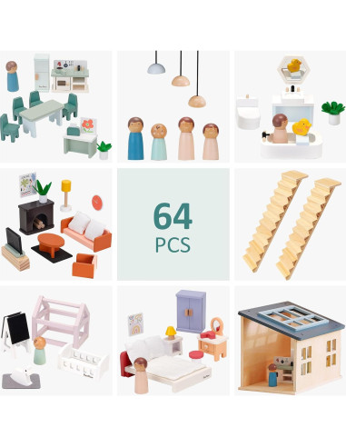 Casa de Muñecas de Madera PairPear 3 Pisos con 64 Accesorios