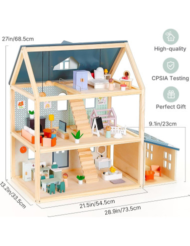 Casa de Muñecas de Madera PairPear 3 Pisos con 64 Accesorios