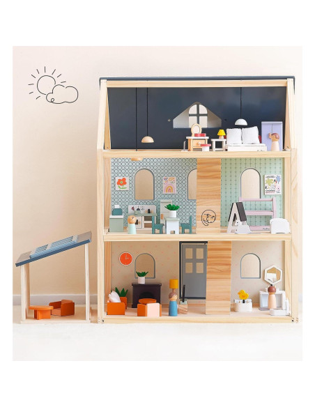 Casa de Muñecas de Madera PairPear 3 Pisos con 64 Accesorios