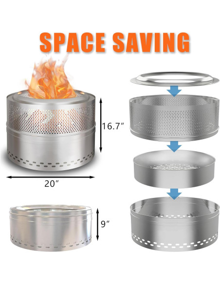 Hoguera Sin Humo Fircpit 50.8cm Acero Inoxidable Portátil