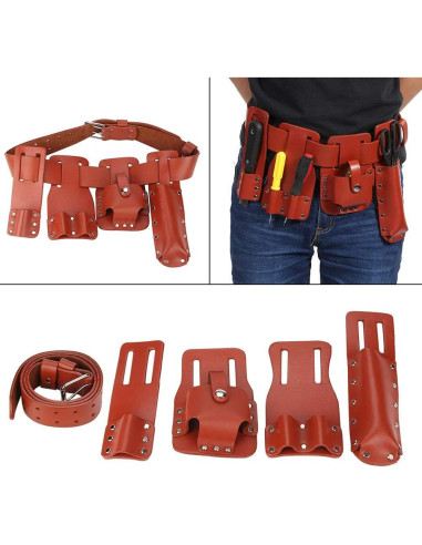 Cinturón de herramientas de cuero Yuecoom 5 en 1 rojo oscuro