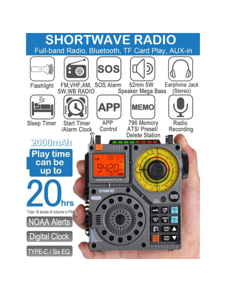 Radio ZHIWHIS ZWS-A320 Portátil AM/FM/SW/VHF con Bluetooth
