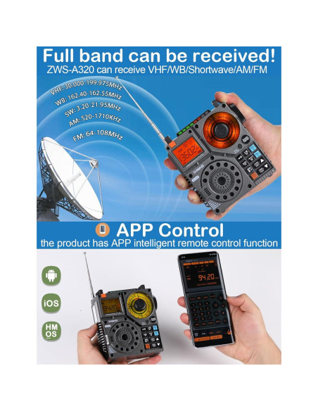 Radio ZHIWHIS ZWS-A320 Portátil AM/FM/SW/VHF con Bluetooth