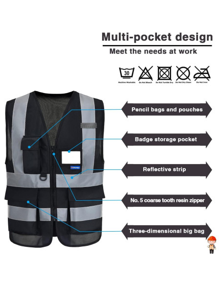 Chaleco de Seguridad A-SAFETY XL Negro Reflectante 7 Bolsillos