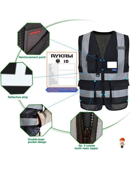 Chaleco de Seguridad A-SAFETY XL Negro Reflectante 7 Bolsillos