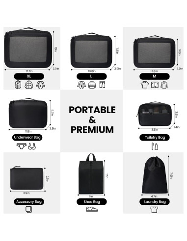 Cubos de Empaque Prezon 8 Set Organizador de Viaje Negro