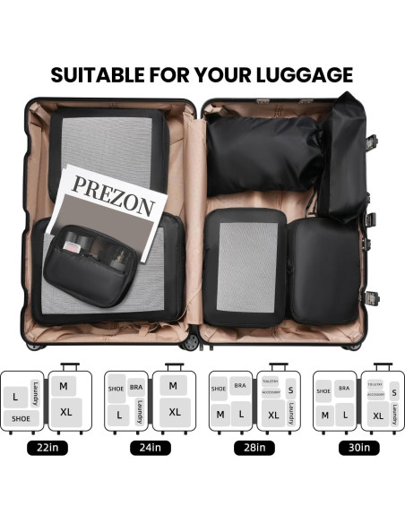 Cubos de Empaque Prezon 8 Set Organizador de Viaje Negro
