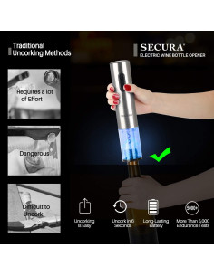 Abridor de Vino Eléctrico Secura Recargable Acero Inoxidable 2