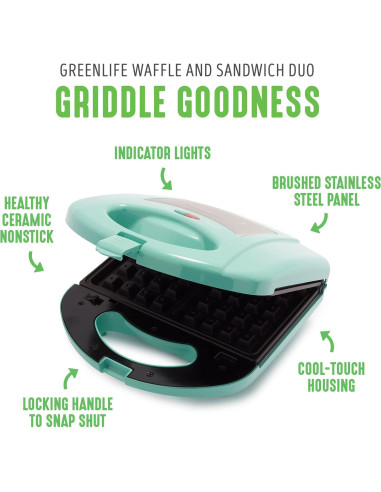 GreenLife Dúo Waffles y Sándwiches Turquesa 825W
