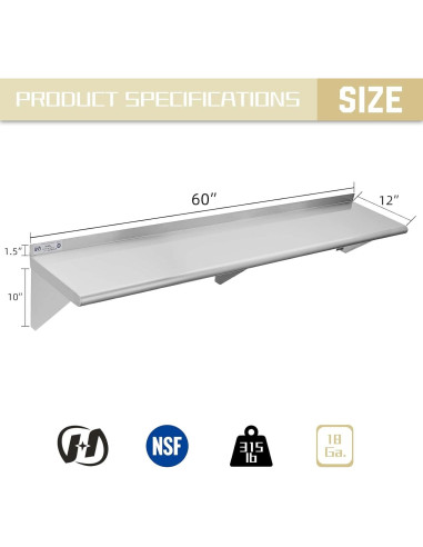 Estante Flotante Hally 30 x 152 cm Acero Inoxidable 142 kg