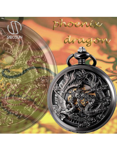 Reloj de bolsillo SIBOSUN mecánico Dragón y Fénix negro 2