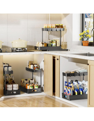 Organizador Bajo Fregadero Delamu 2 Niveles Negro 40x22x36 cm