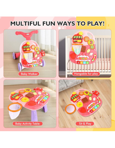 Andador 2 en 1 Eners para Bebés Rosa con Centro Musical