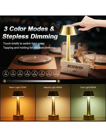 Lámpara de Mesa Inalámbrica Oro Recargable 2 Paquetes
