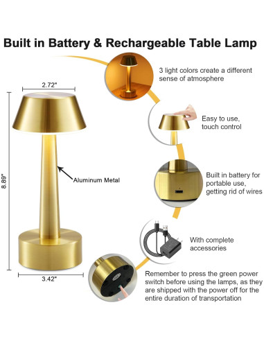 Lámpara de Mesa Inalámbrica Oro Recargable 2 Paquetes