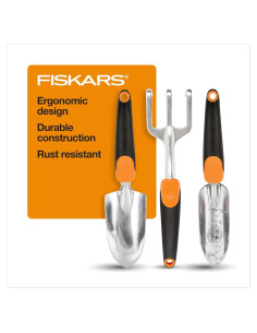 Juego de Herramientas de Jardín 3-en-1 Fiskars - Paleta, Transplantador y Cultivador Ergonómico