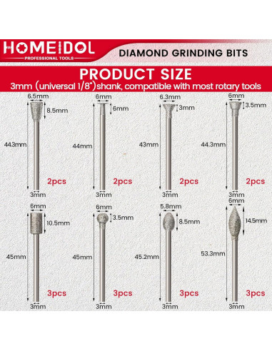 Juego de 20 Puntas de Diamante HOMEIDOL para Dremel 3 mm