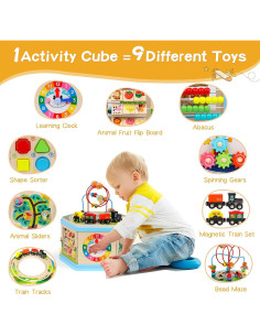 Cubo de Actividad de Madera FOPNETS 9-en-1 Juguete Educativo 2