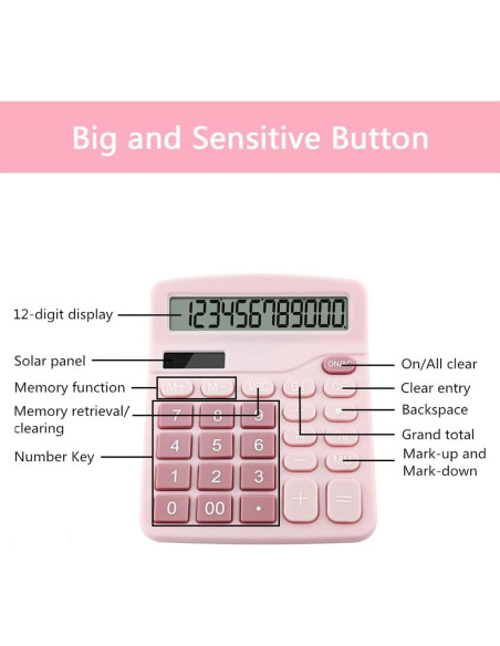 Calculadora de Oficina Podokas 12 Dígitos Rosa LCD Grande