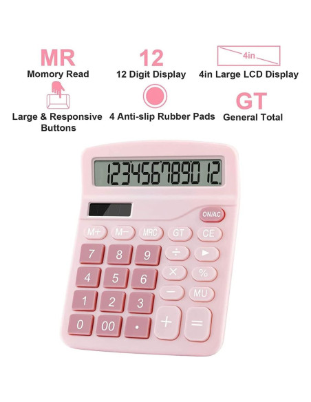 Calculadora de Oficina Podokas 12 Dígitos Rosa LCD Grande