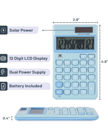 Calculadora Mr. Pen 12 Dígitos Solar Azul Claro Compacta