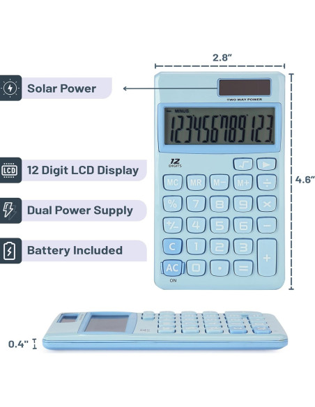 Calculadora Mr. Pen 12 Dígitos Solar Azul Claro Compacta