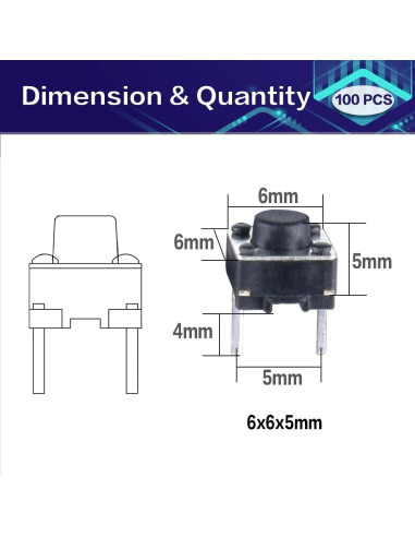 Interruptor Táctil 2 Pines YOUFEN 6x6x5mm 100 Pcs DC 12V
