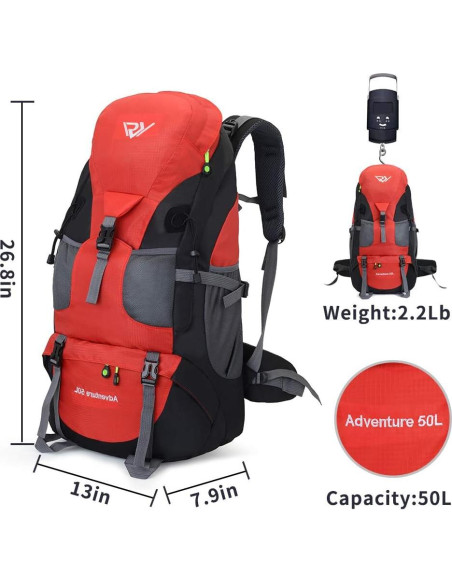 Mochila de Senderismo 50L Impermeable Rojo - Ligera y Espaciosa