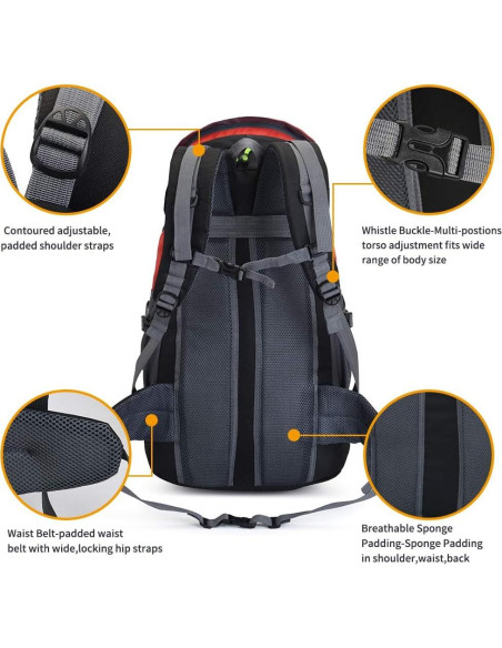 Mochila de Senderismo 50L Impermeable Rojo - Ligera y Espaciosa