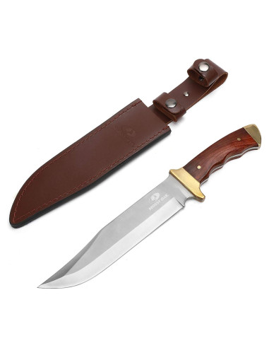 Cuchillo Bowie Mossy Oak 355 mm, mango de madera y funda de cuero