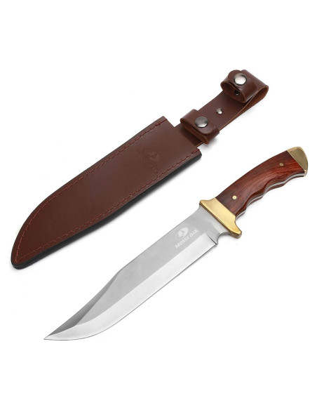 Cuchillo Bowie Mossy Oak 355 mm, mango de madera y funda de cuero