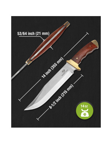 Cuchillo Bowie Mossy Oak 355 mm, mango de madera y funda de cuero
