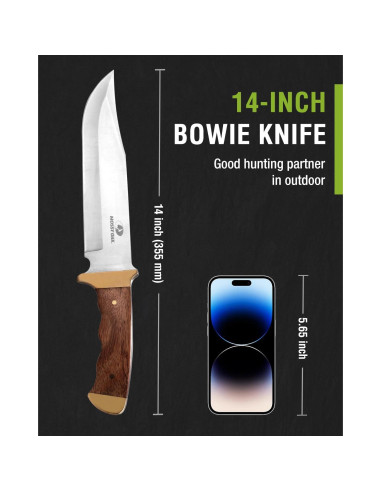 Cuchillo Bowie Mossy Oak 355 mm, mango de madera y funda de cuero
