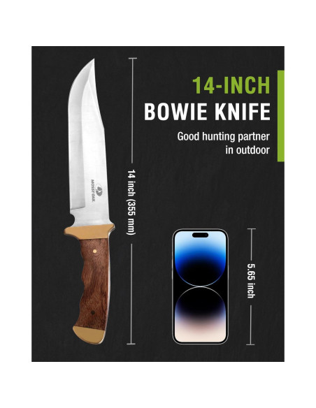 Cuchillo Bowie Mossy Oak 355 mm, mango de madera y funda de cuero