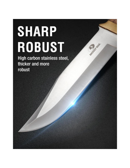 Cuchillo Bowie Mossy Oak 355 mm, mango de madera y funda de cuero