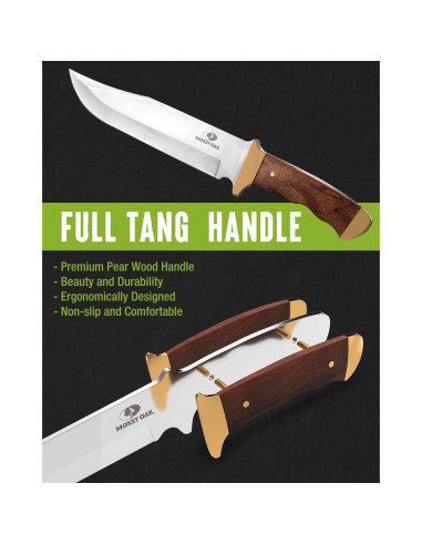 Cuchillo Bowie Mossy Oak 355 mm, mango de madera y funda de cuero