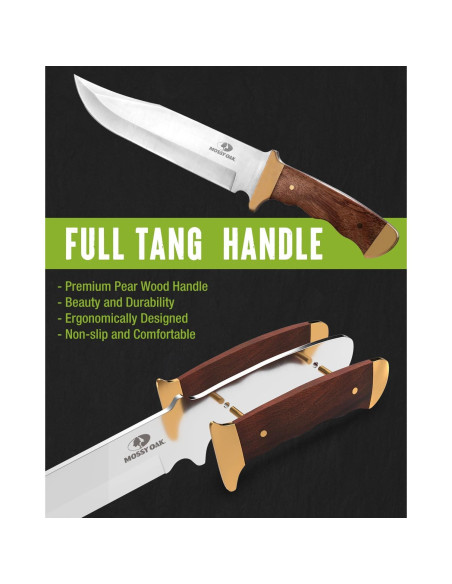 Cuchillo Bowie Mossy Oak 355 mm, mango de madera y funda de cuero