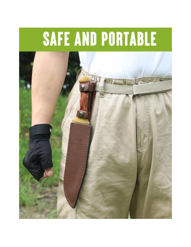 Cuchillo Bowie Mossy Oak 355 mm, mango de madera y funda de cuero