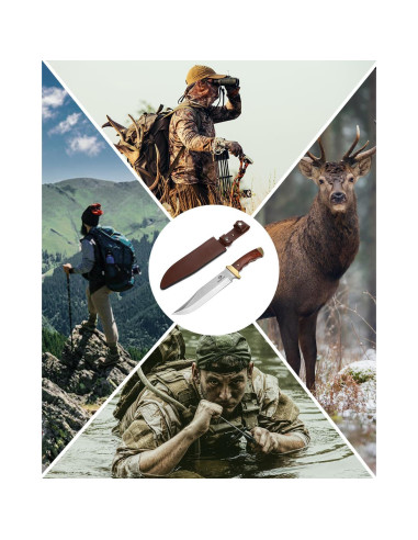 Cuchillo Bowie Mossy Oak 355 mm, mango de madera y funda de cuero