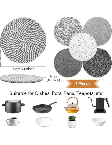 Juego de Trivets Tidponra 5 Piezas Algodón 17.78 cm Gris