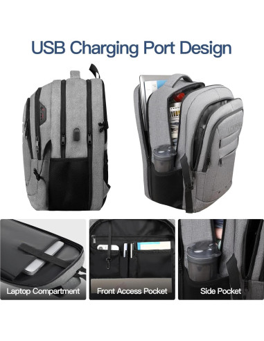 Mochila de Viaje LCKPENG 17.3" Gris Aprobada por TSA